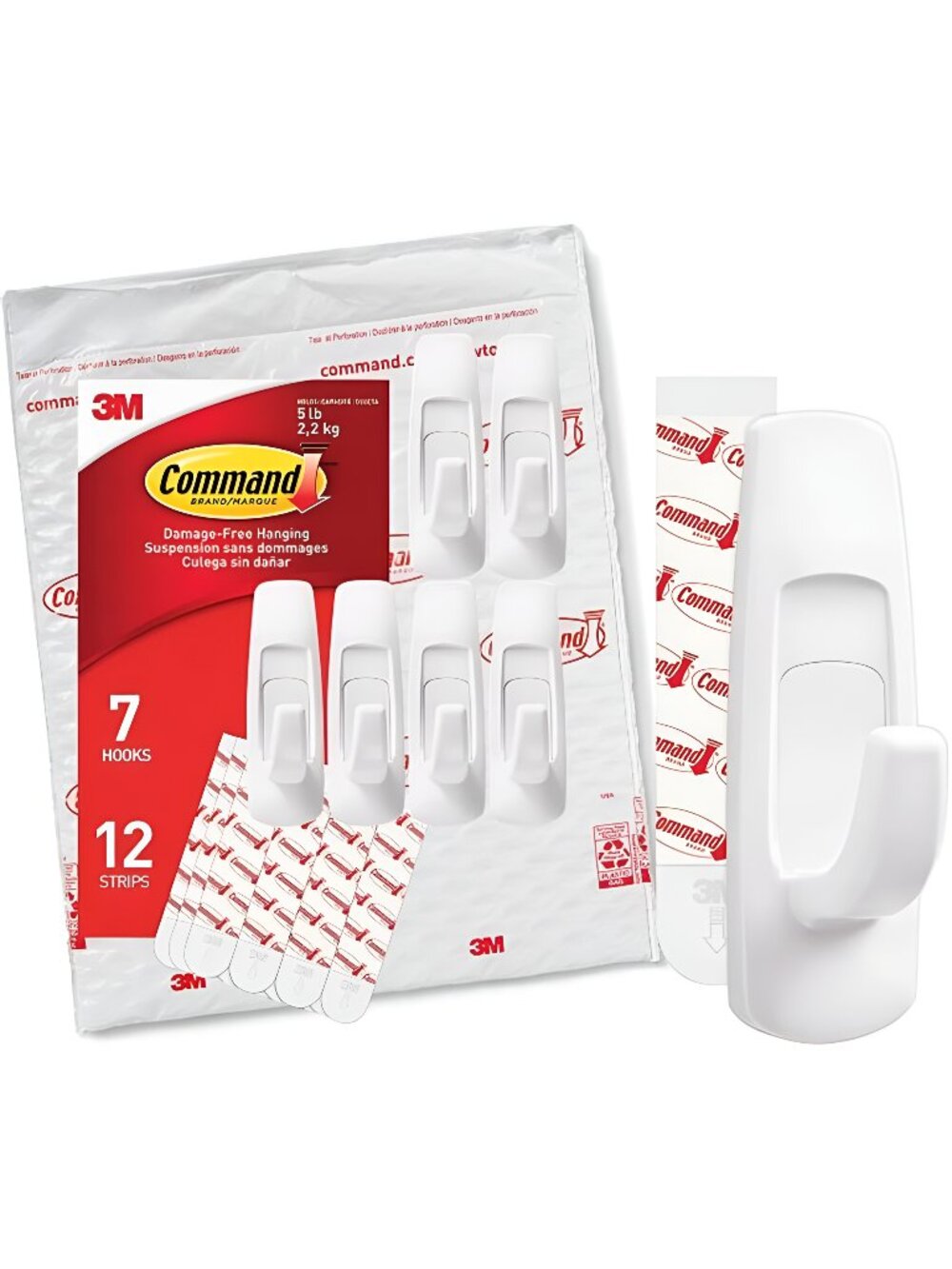 Hanging Wall Hooks with Adhesive Strips, 7 White Hooks and 12 Command Strips